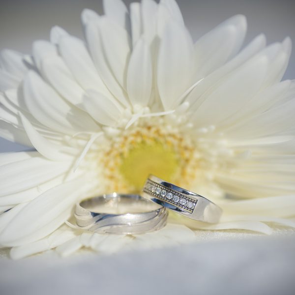 wedding ring with marguerite flower in background